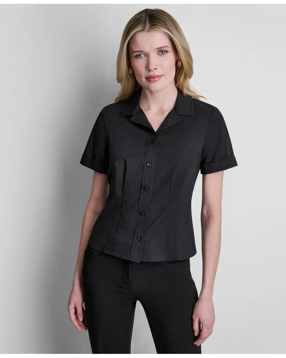DKNY Women's Short-Sleeve Button-Front Blouse Black Size PS 1262